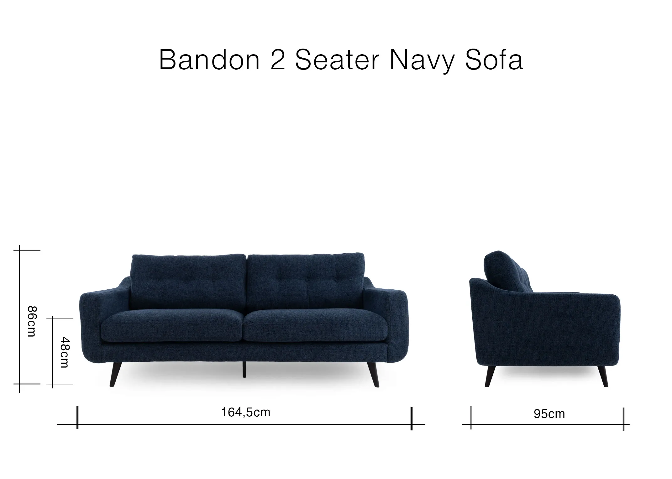 A dimension image of the Bandon 2 Seater sofa with 164.5cm x 95cm x 86cm 