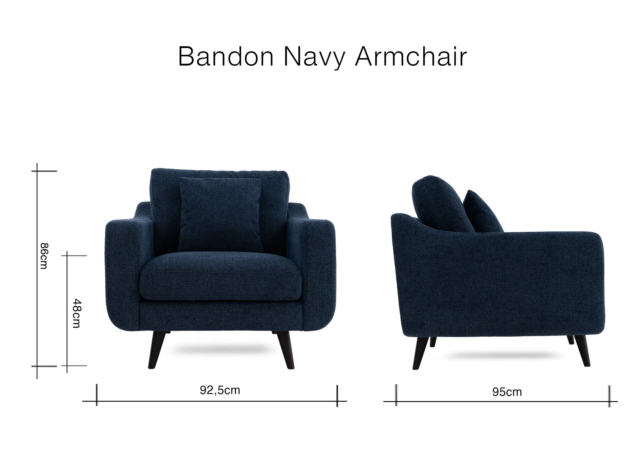 A dimension image of the Bandon Armchair with 92.5cm x 95cm x 86cm 