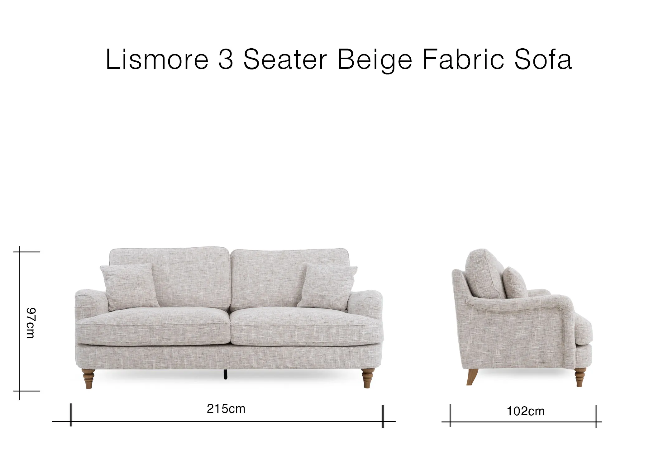 A dimension image of the Lismore 3 Seater sofa with 215cm x 102cm x 97cm