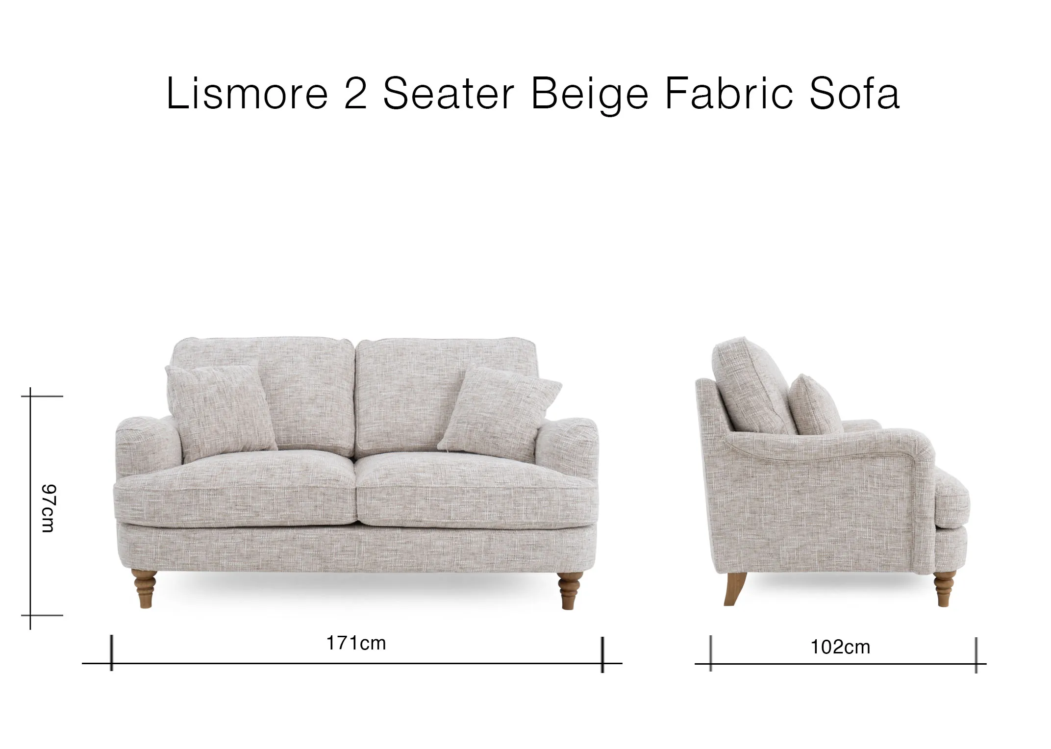 A dimension image of the Lismore 2 seater sofa with 171cm x 102cm x 97cm