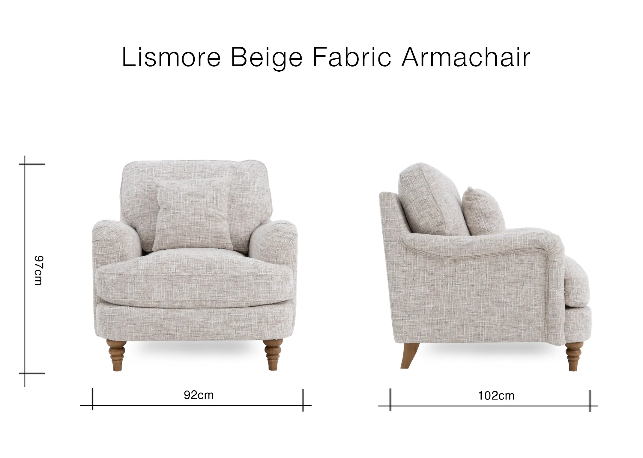 A dimension image of the Lismore armchair with 92cm x 102cm x 97cm