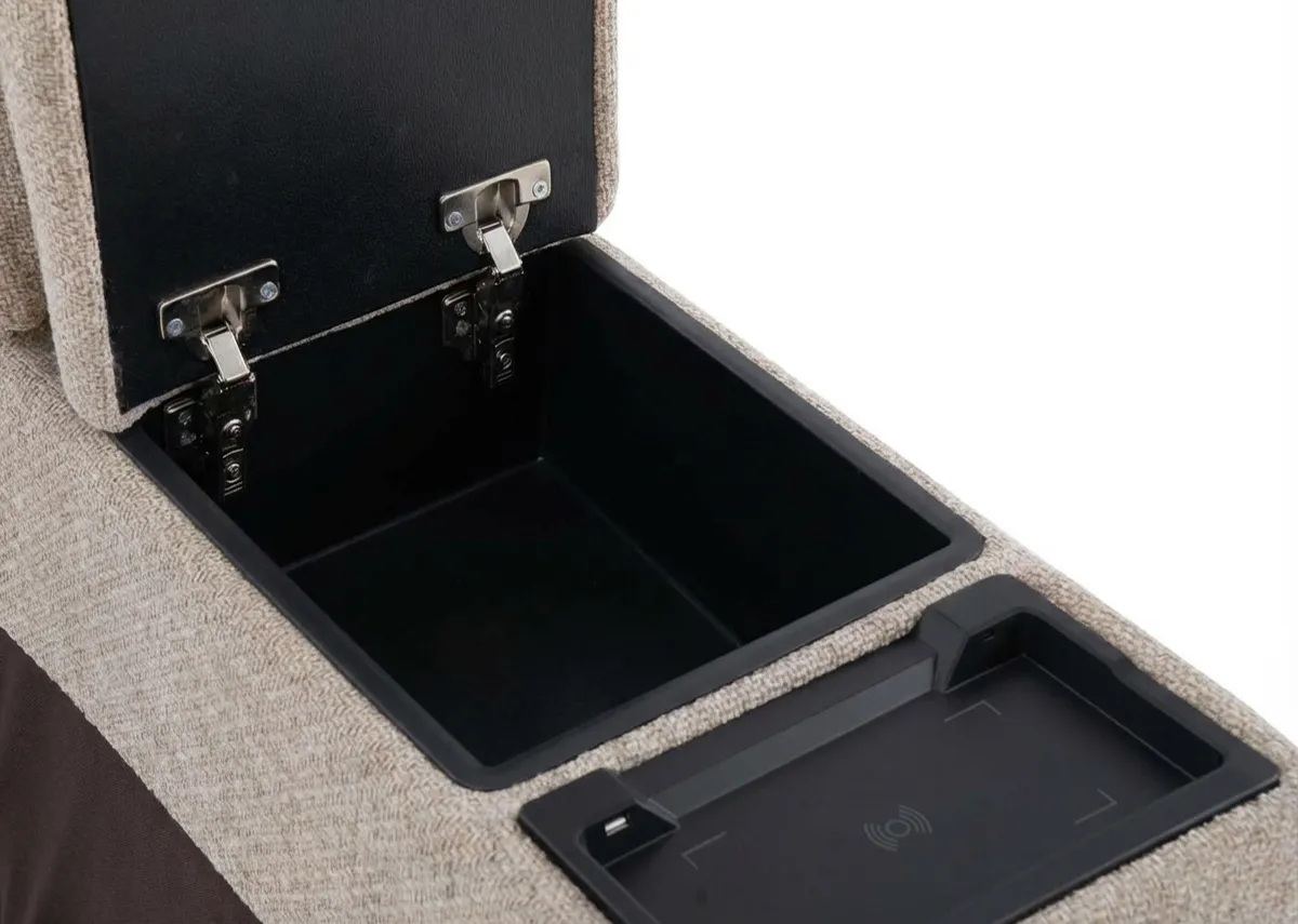 A fabric drinks holder from EZ Livings Ashbrook range. Closeup of concealed storage space  under the armrest