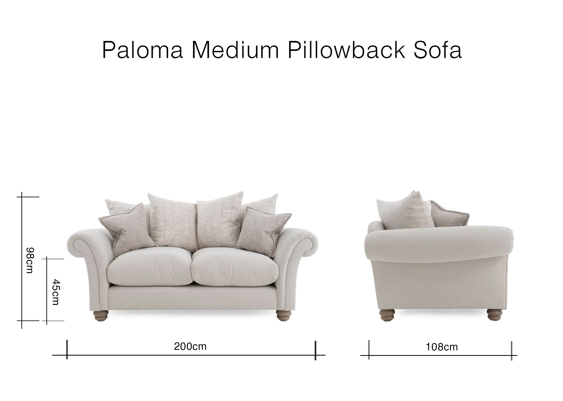 A dimension image of the Paloma Medium PB Sofa with 200cm x 98cm x 108cm