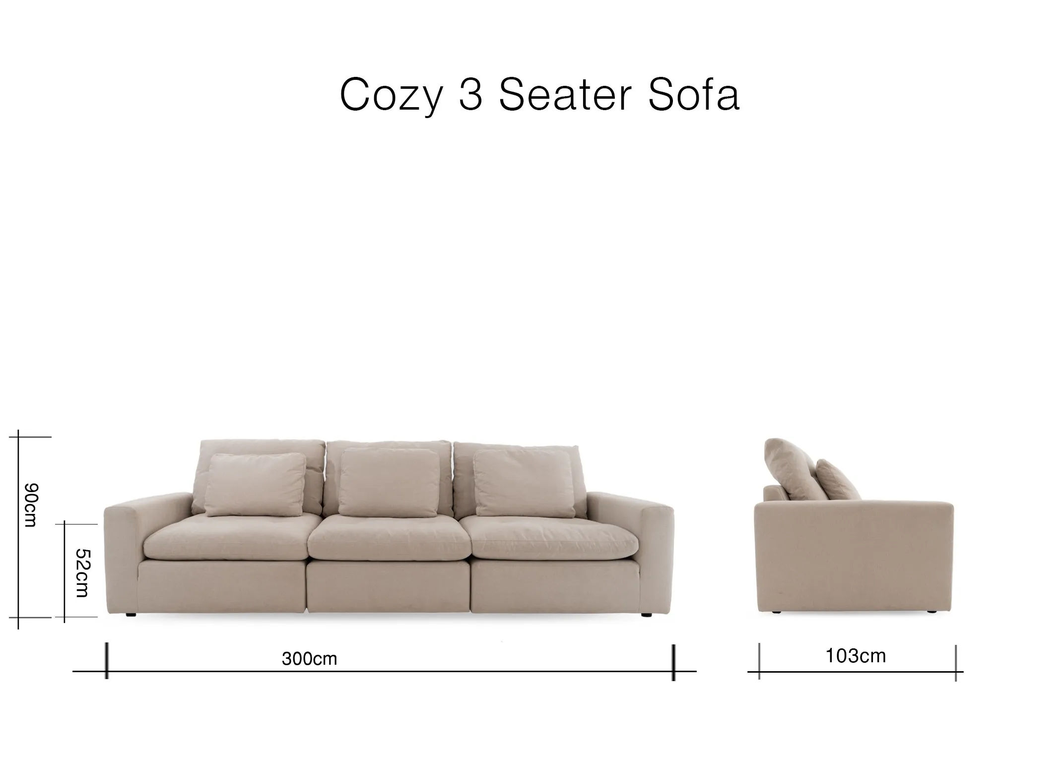 A dimension image of the Cozy 3 seater sofa with 300cm x 103cm x 90cm