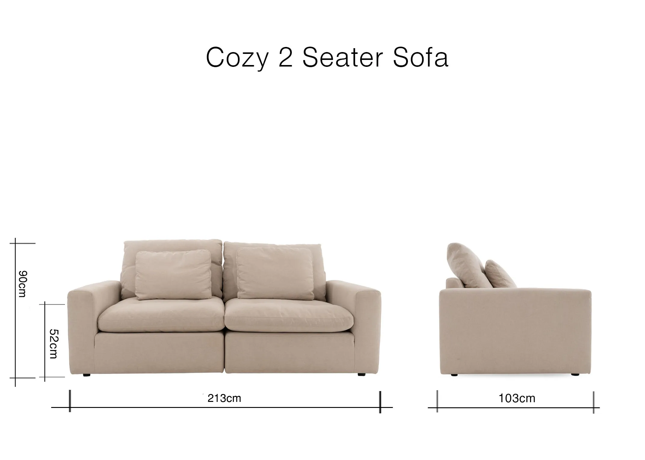 A dimension image of the Cozy 2 seater sofa with 213cm x 103cm x 90cm