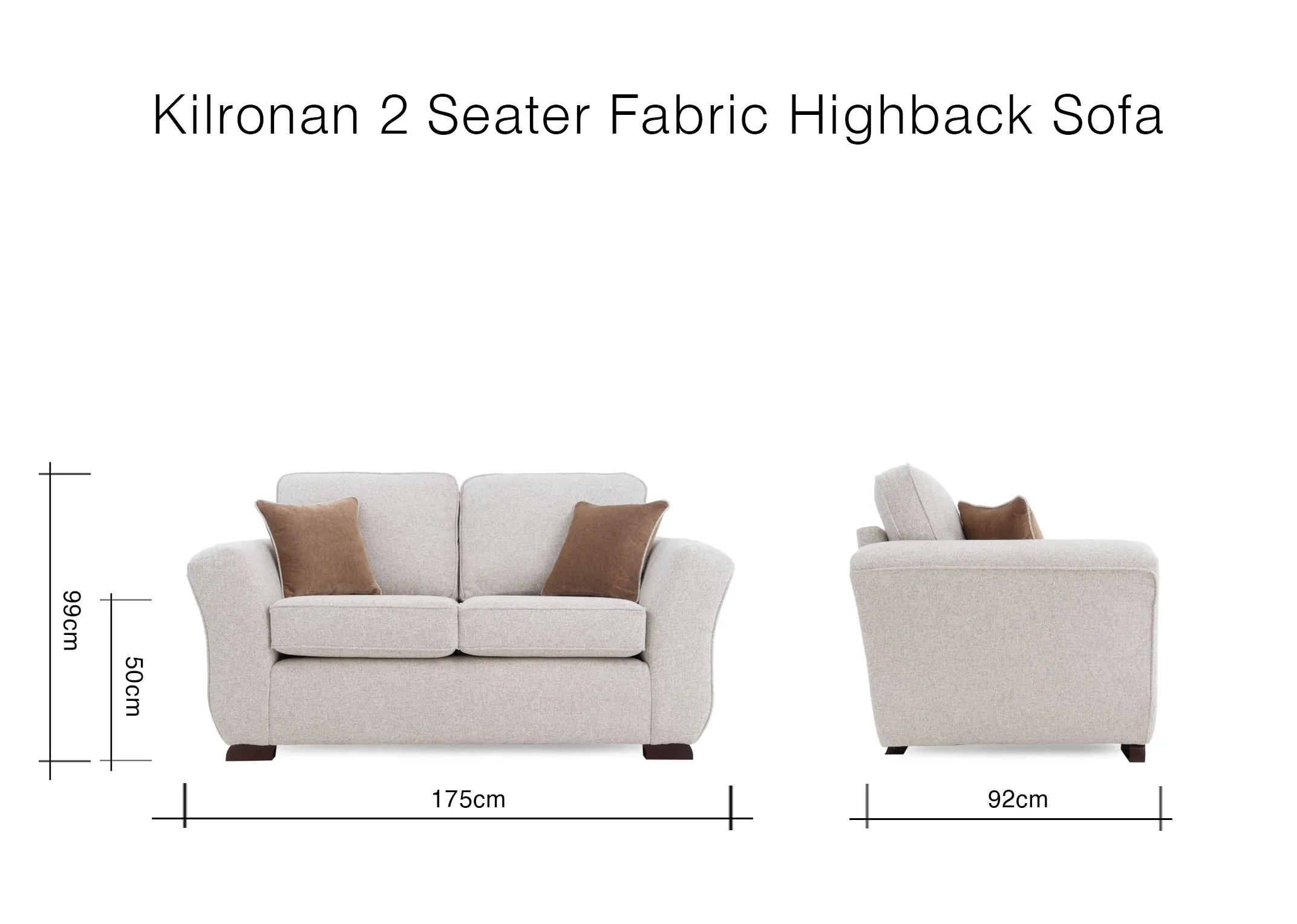 A dimension image of the Kilroann 2 seater sofa with 175cm x 92cm x 99cm
