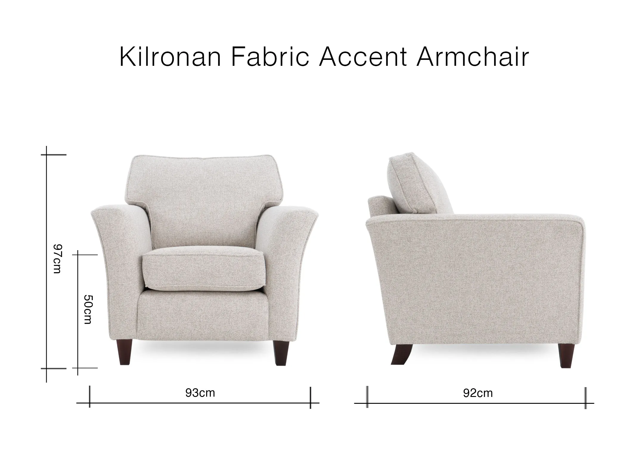 A dimension image of the Kilronan Armchair with 93cm x 92cm x 96cm
