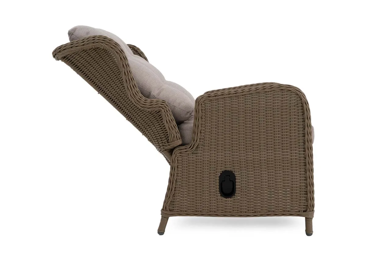 A wicker garden lounger from EZ Livings Laurel range.Side view of chair reclined
