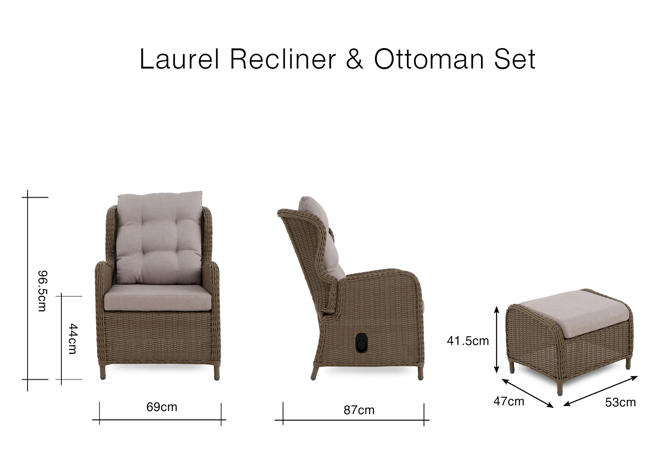 A dimension image of the Laurel Recliner and ottoman set with 69.5cm x 87cm x 96cm