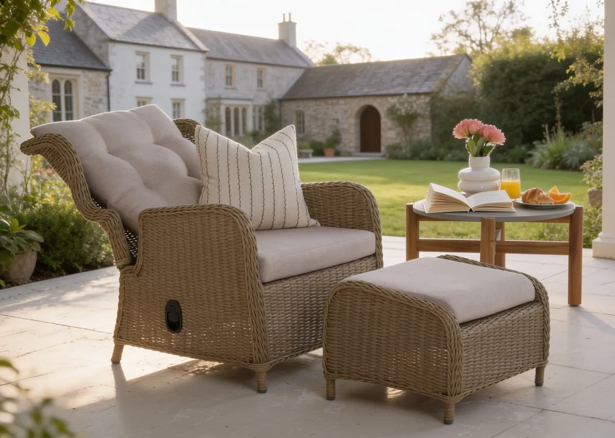 A wicker garden lounger from EZ Livings Laurel range.Front view