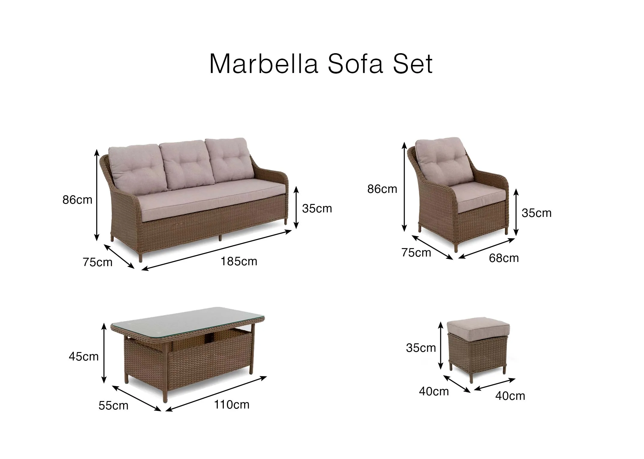 A dimension image of the Marbella sofa set with Sofa 185cm x 86cm x 75cm Chair 68cm x 86cm x 75cm