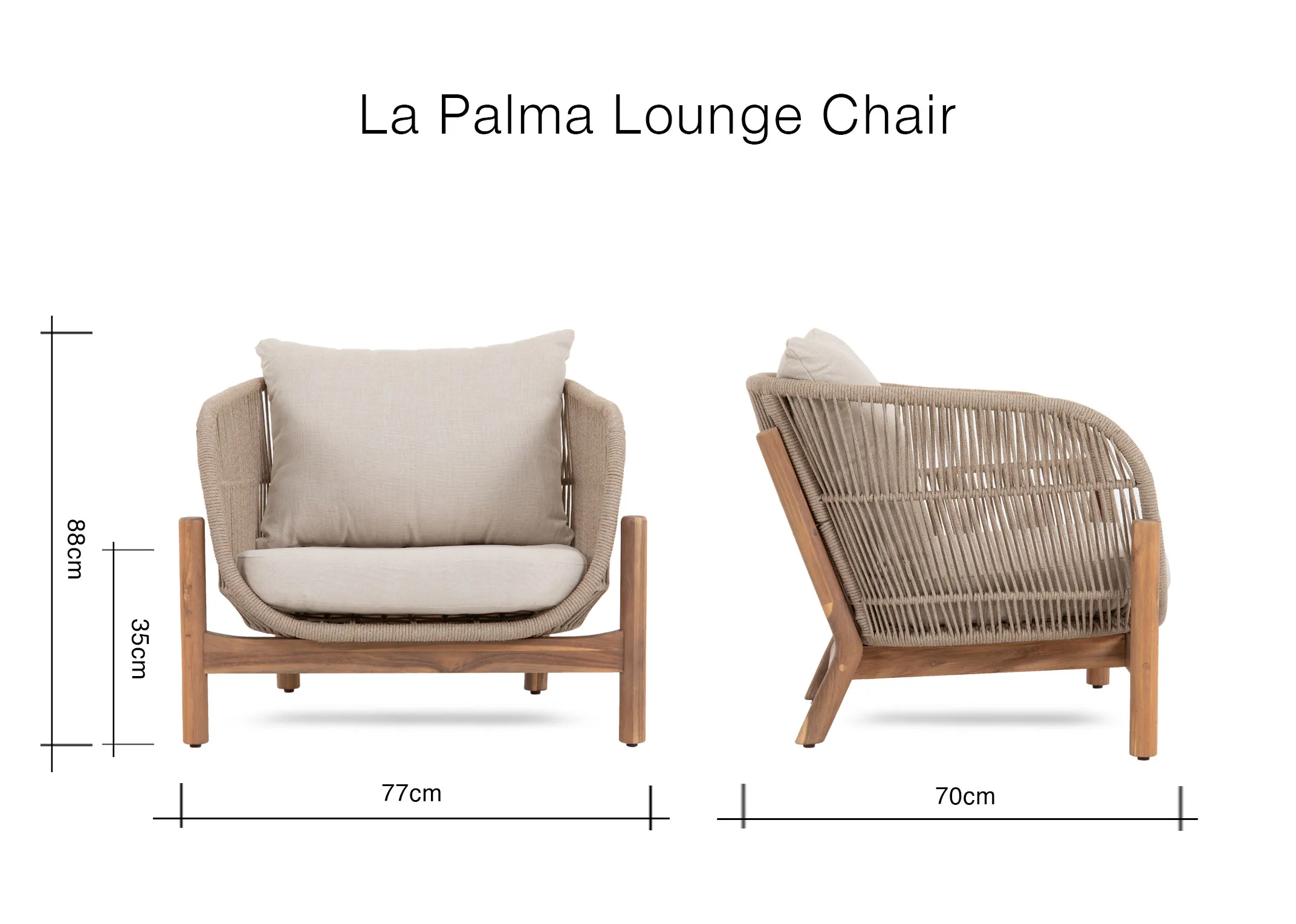 A dimension image of the La Palma Chair with 77cm x 70cm x 88cm