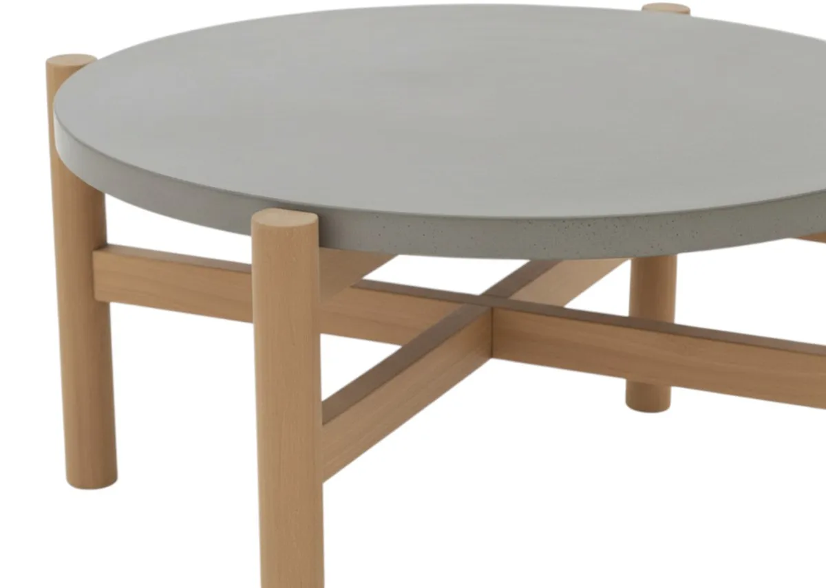 A round garden coffee table with concrete top from EZ Livings La Palma range.Closeup of concrete top