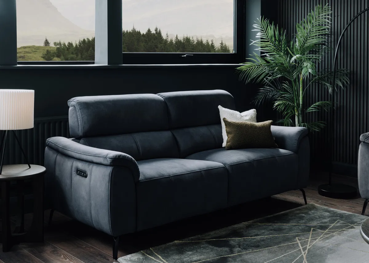 A dark grey 2 seater power recliner from EZ Livings Madsion range.Closeup of easy to operate control panel.