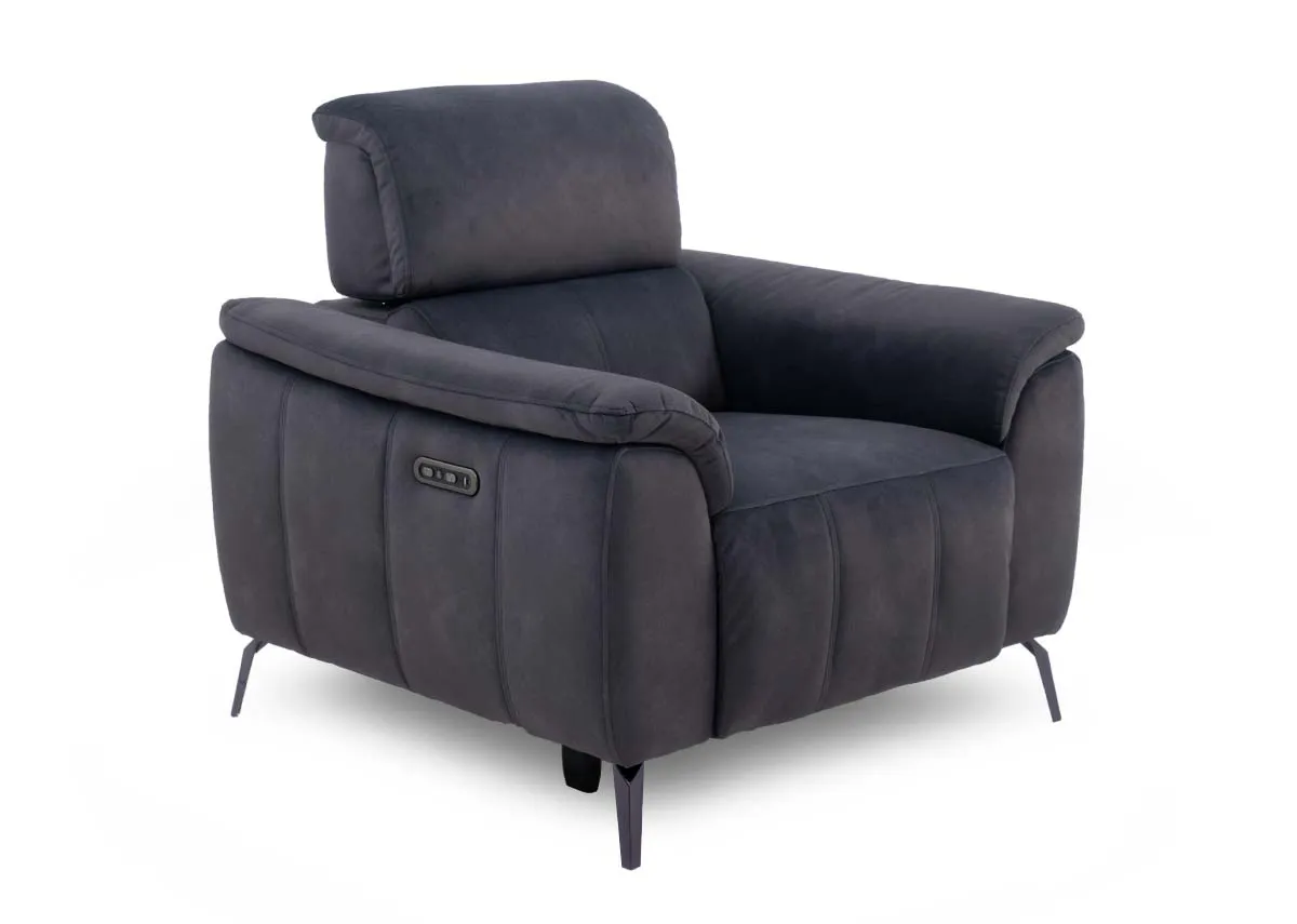A dark grey power recliner from EZ Livings Madsion range. Angled veiw of recliner with head tilt.