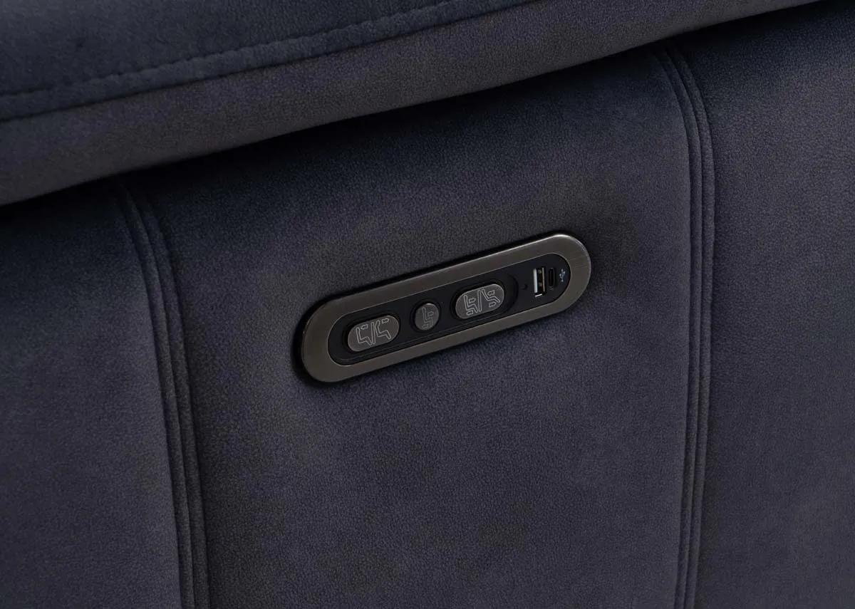 A dark grey power recliner from EZ Livings Madsion range.Side view of chair fully extended.