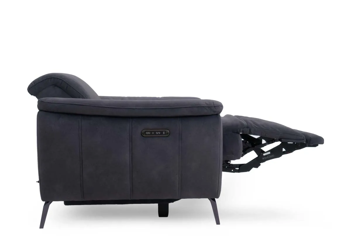 A dark grey power recliner from EZ Livings Madsion range.Side view shows controls on side