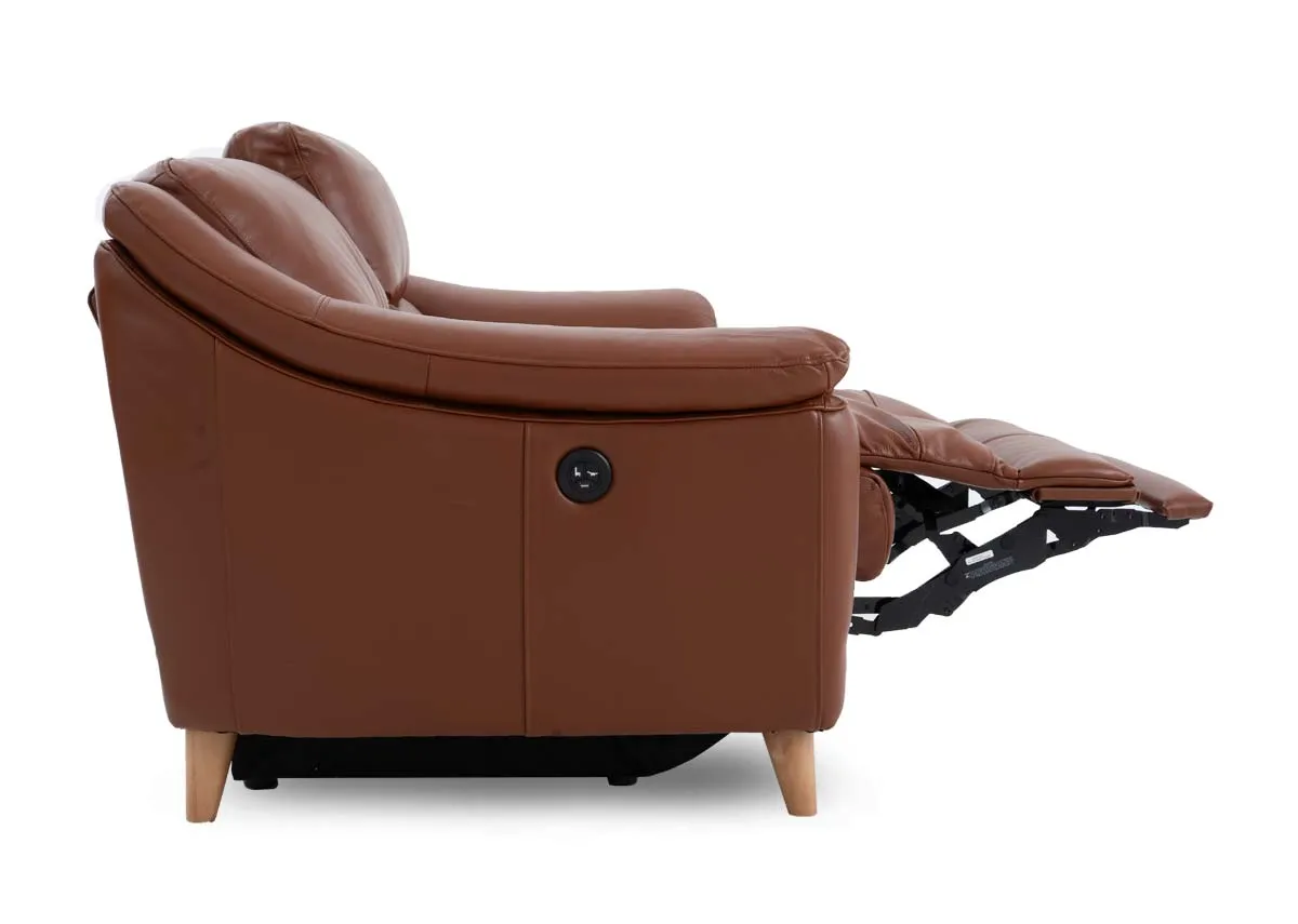 A brown leather 2 seater recliner sofa from EZ Livings Blaze range. Side view of sofa reclined