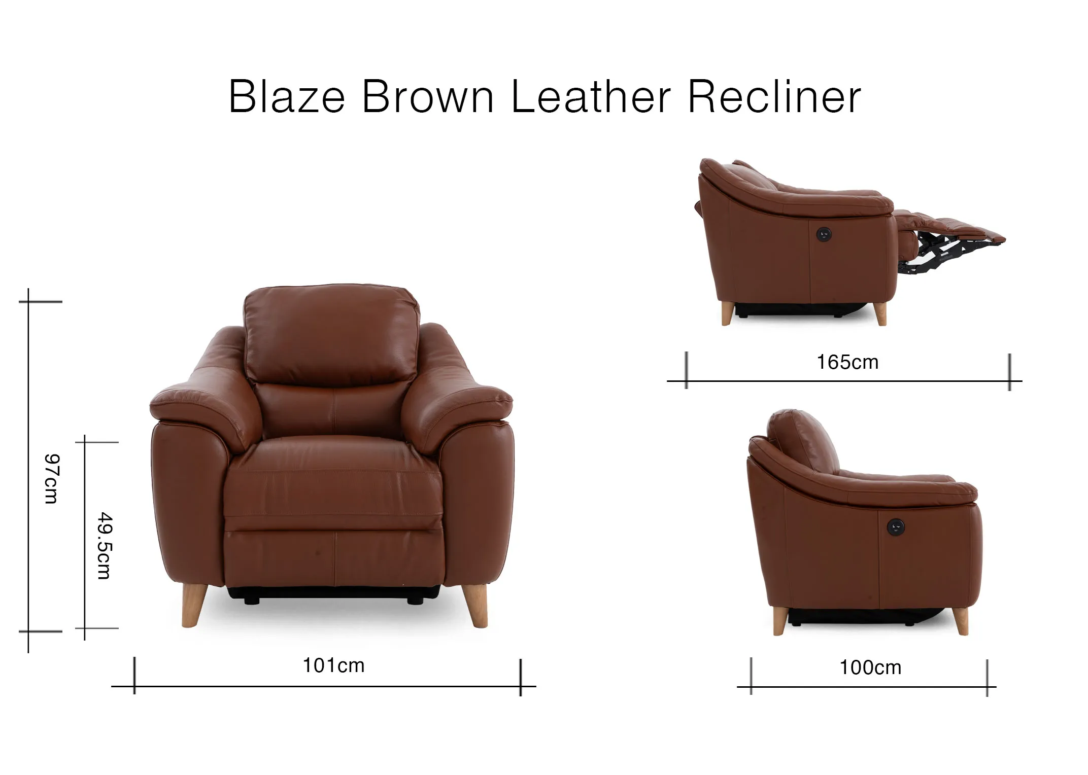 A dimension image of the Blaze Recliner with 101cm x 100-165cm x 97cm x 49.5cm