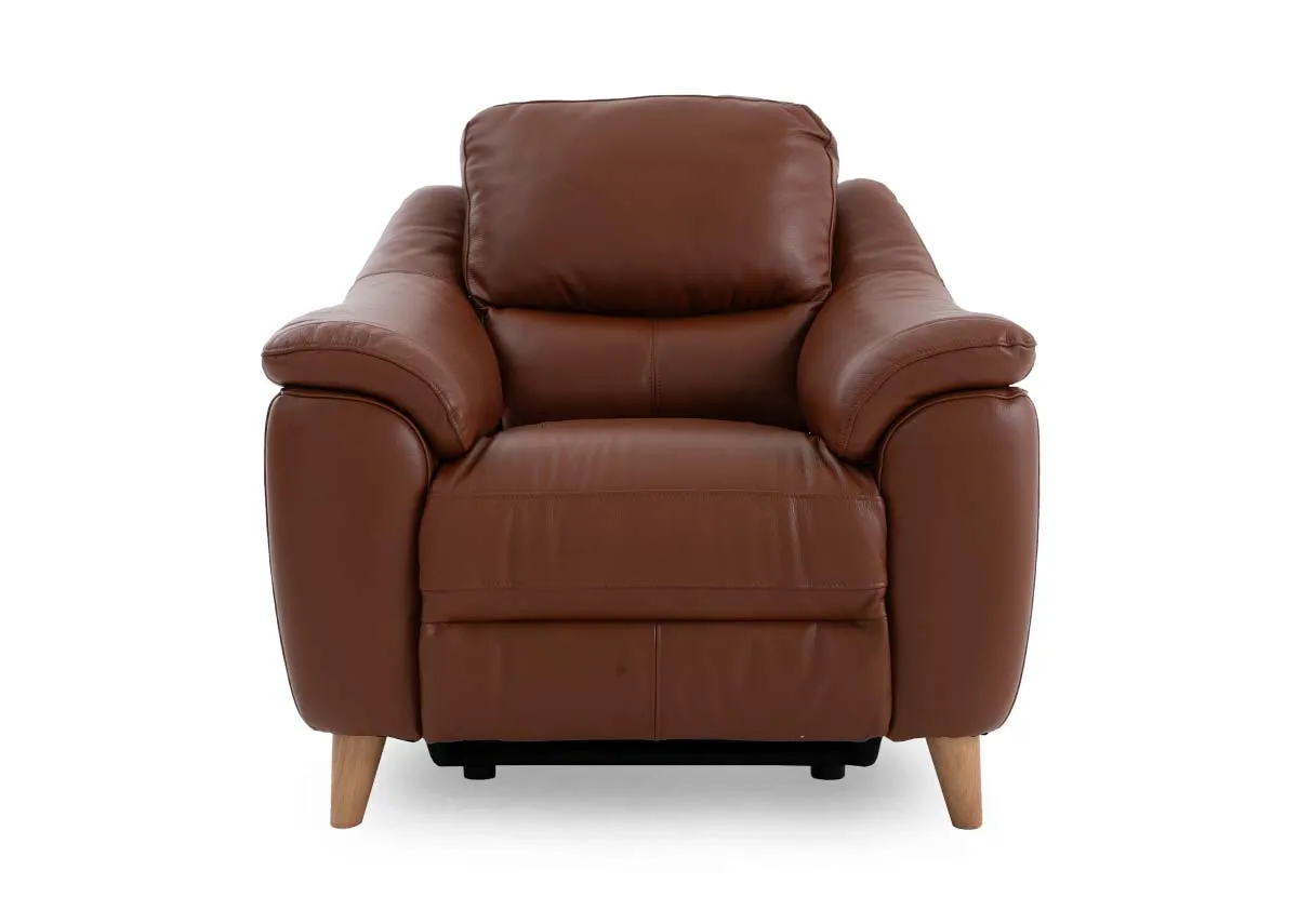 A brown leather recliner armchair from EZ Livings Blaze range. Front view of cognac leather