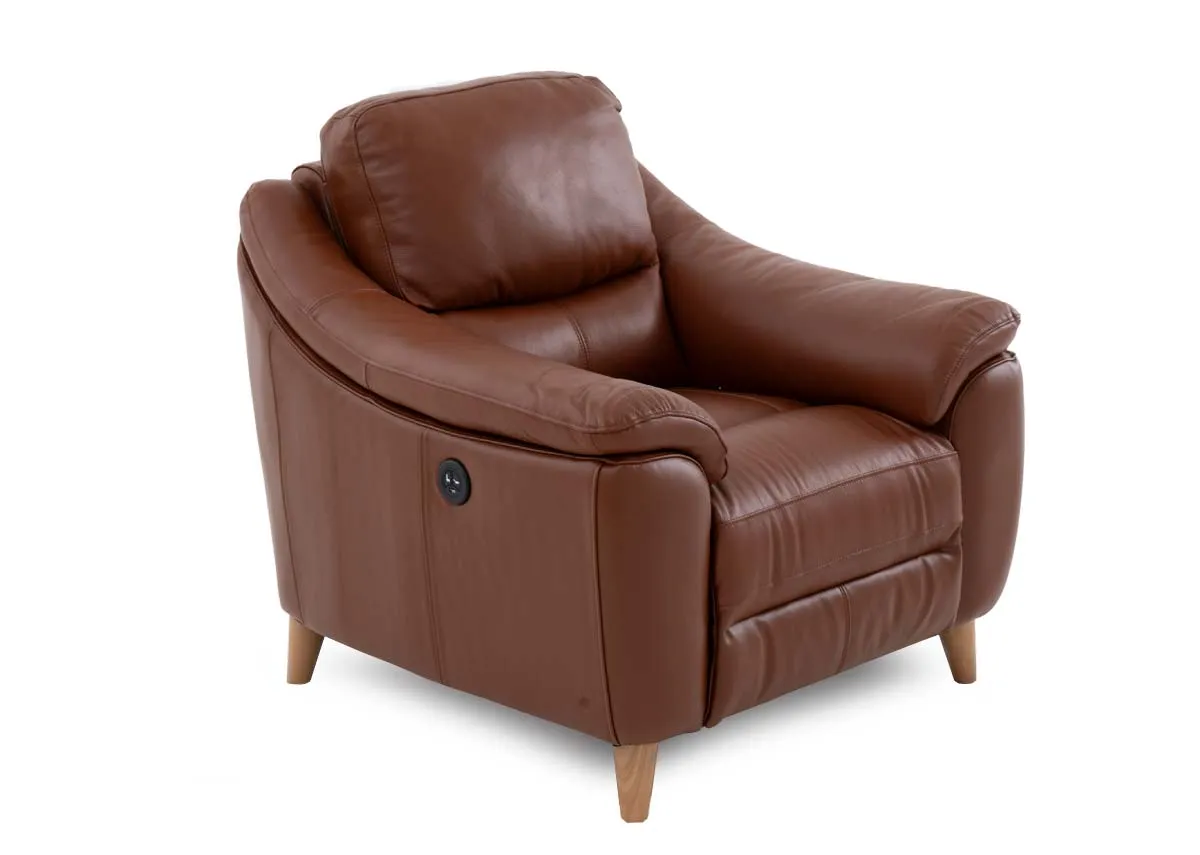A brown leather recliner armchair from EZ Livings Blaze range. Angled view of padded armrests and oak feet.