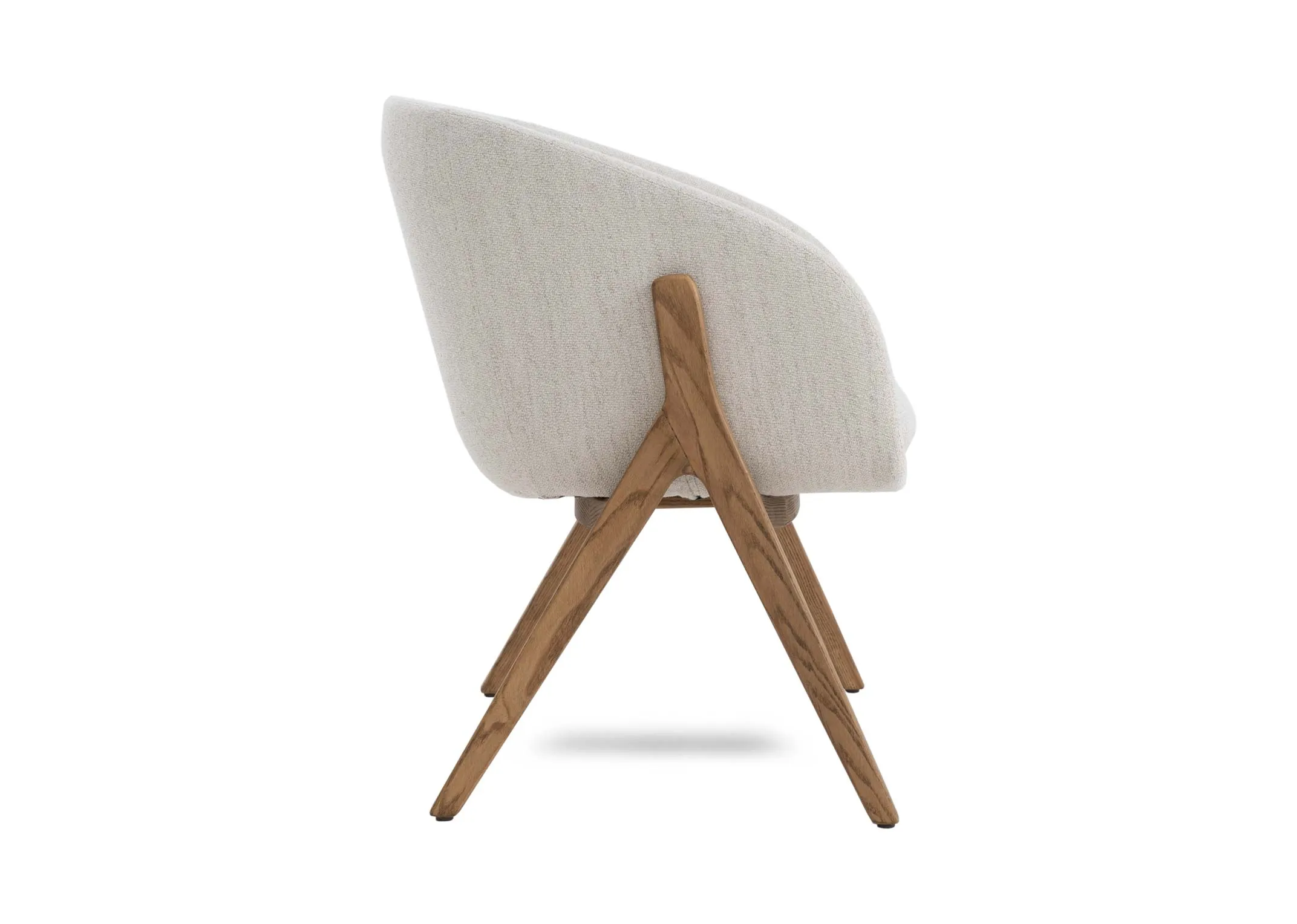 A cream fabric dining chair with oak legs from EZ Livings Toulon range.Back view of fully upholstered seat.