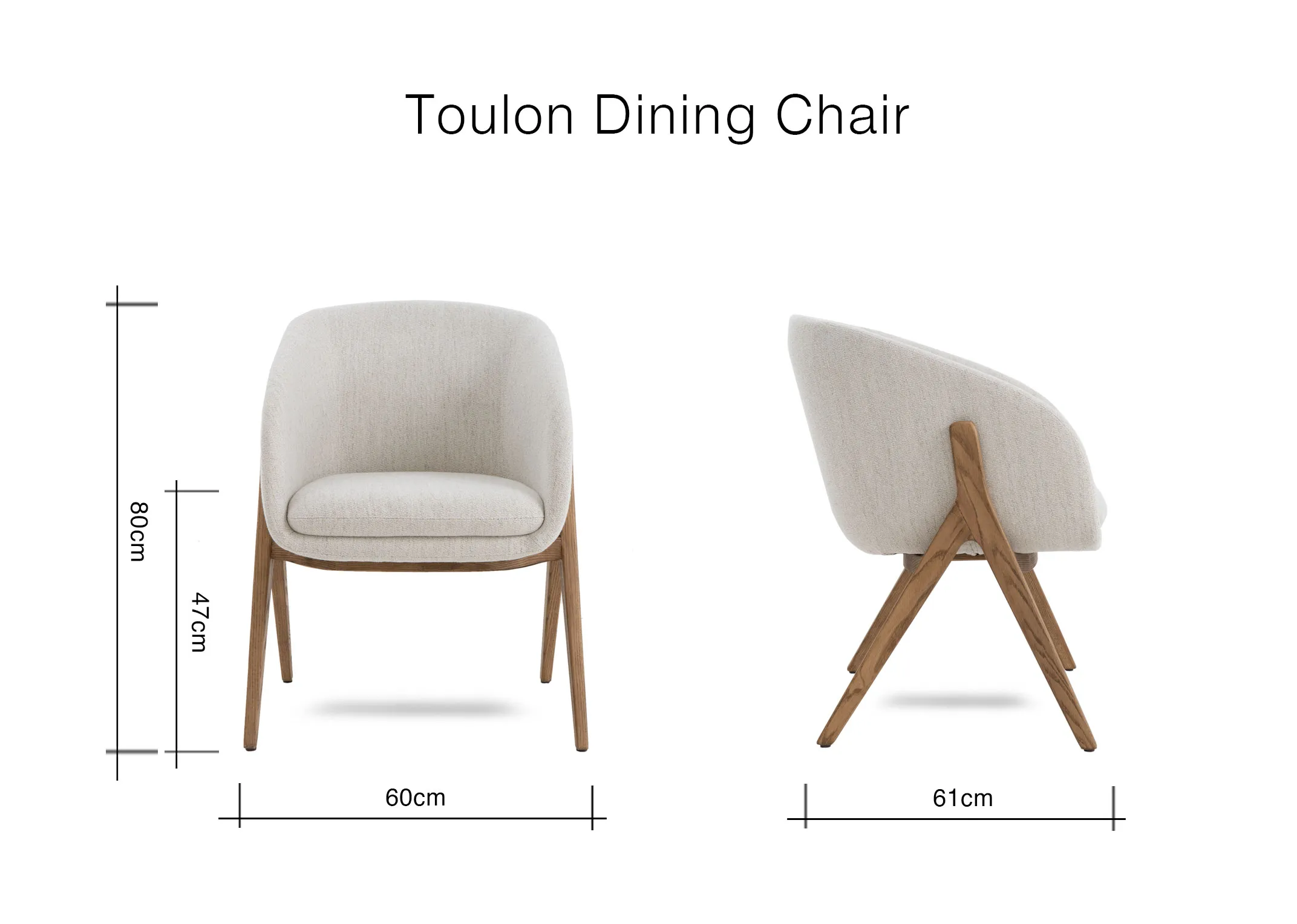 A cream fabric dining chair with oak legs from EZ Livings Toulon range.Back view