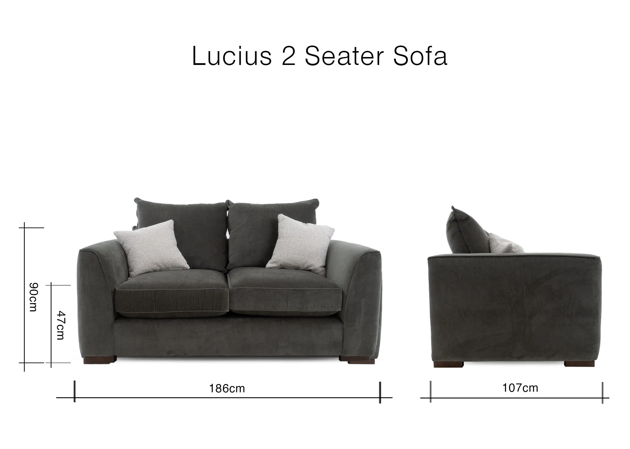 A dimension image of the Lucius 2 Seater sofa with 186cm x 107cm x 90cm  