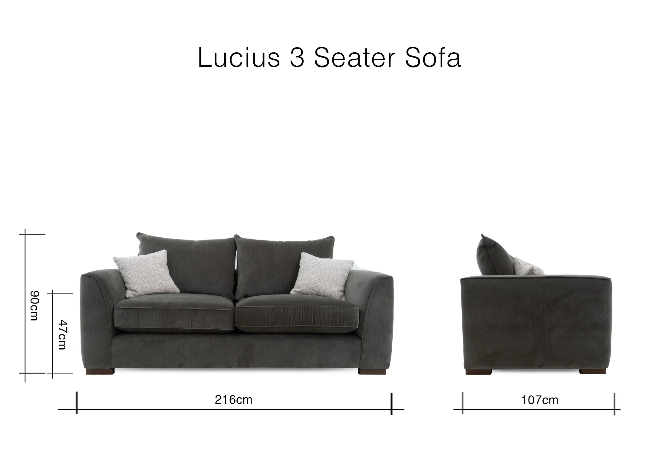 A dimension image of the Lucius 3 Seater sofa with 216cm x 107cm x 90cm