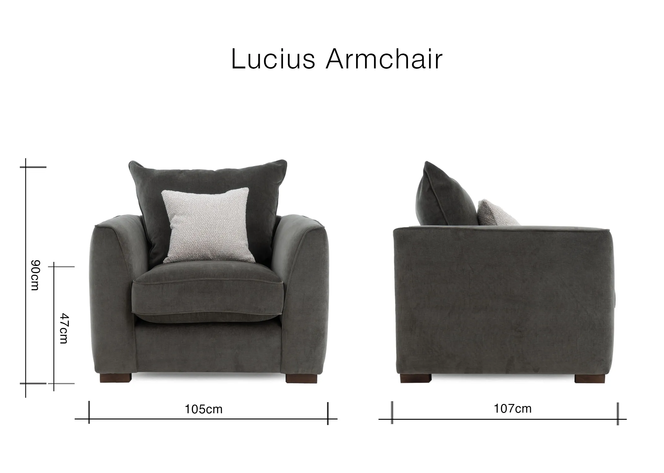 A dimension image of the Lucius Armchair with 105cm x 107cm x 90cm 