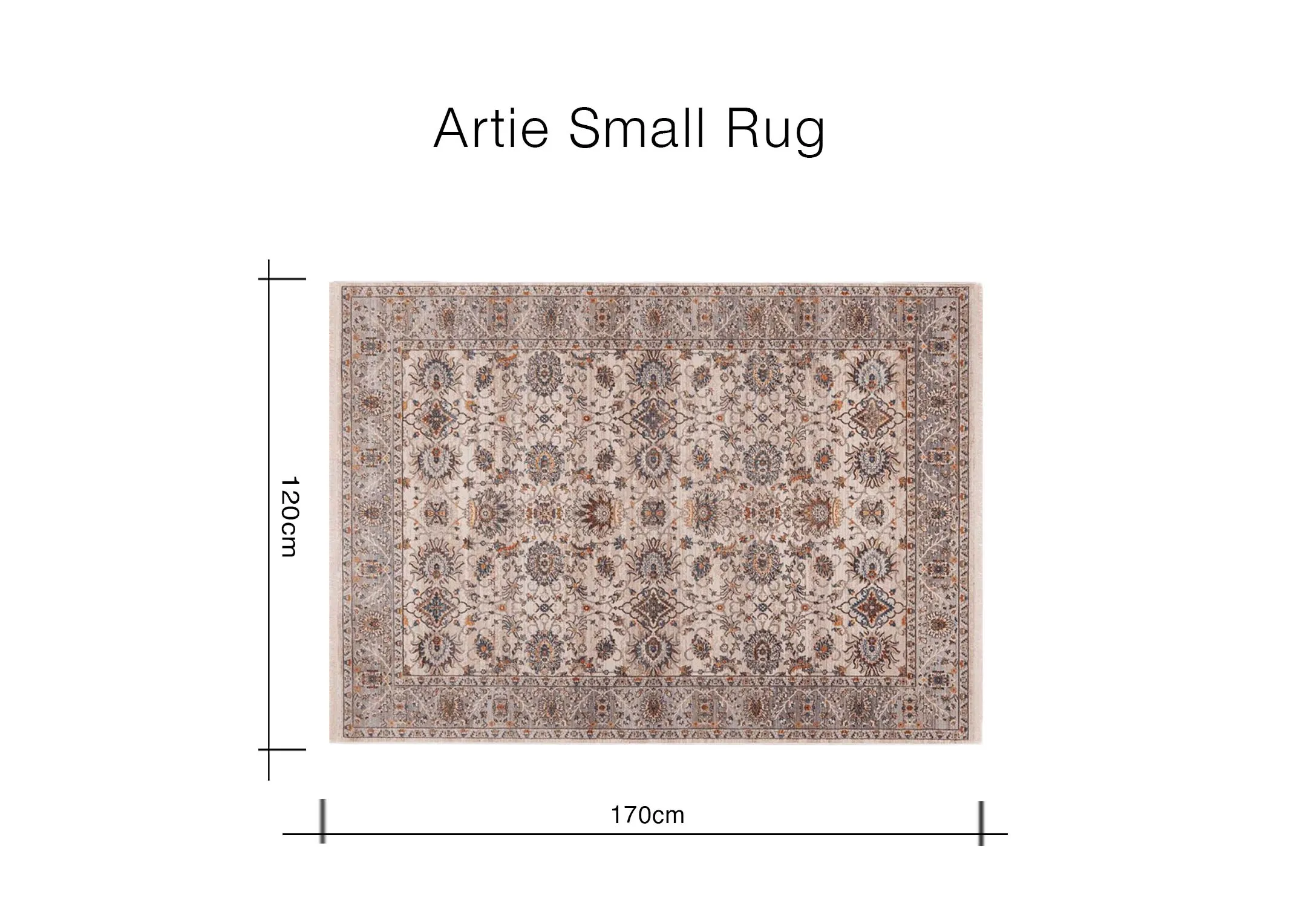 A dimension image of the Artie Small rug with 170cm x 120cm