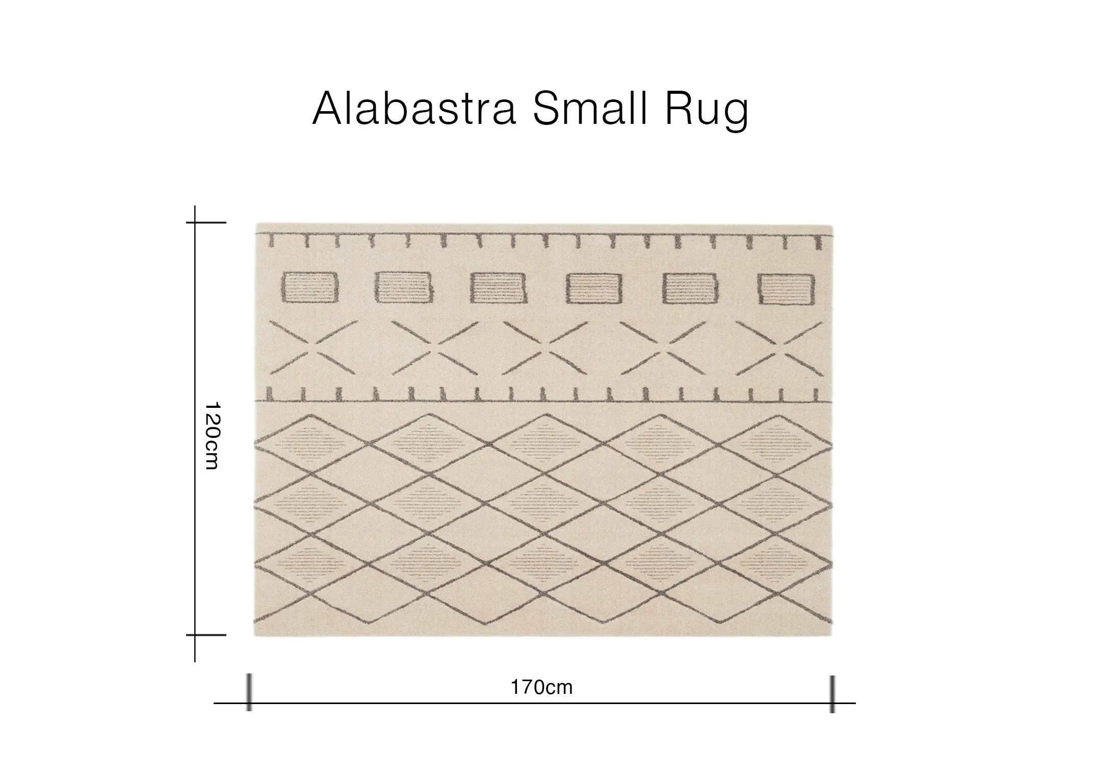 A dimension image of the Alabastra Rug with 120cm x 170cm