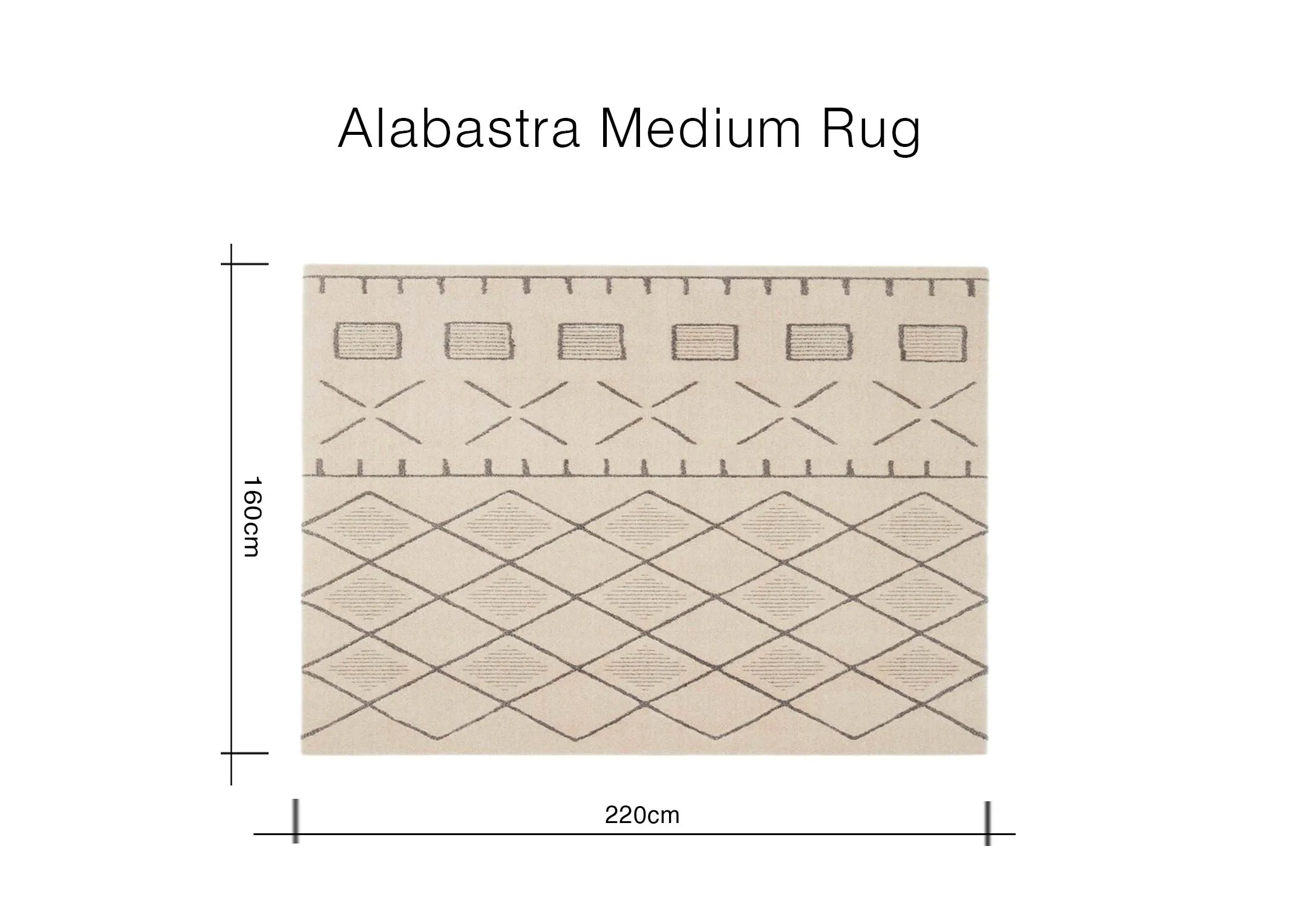 A dimension image of the Alabastra rug with 230cm x 160cm