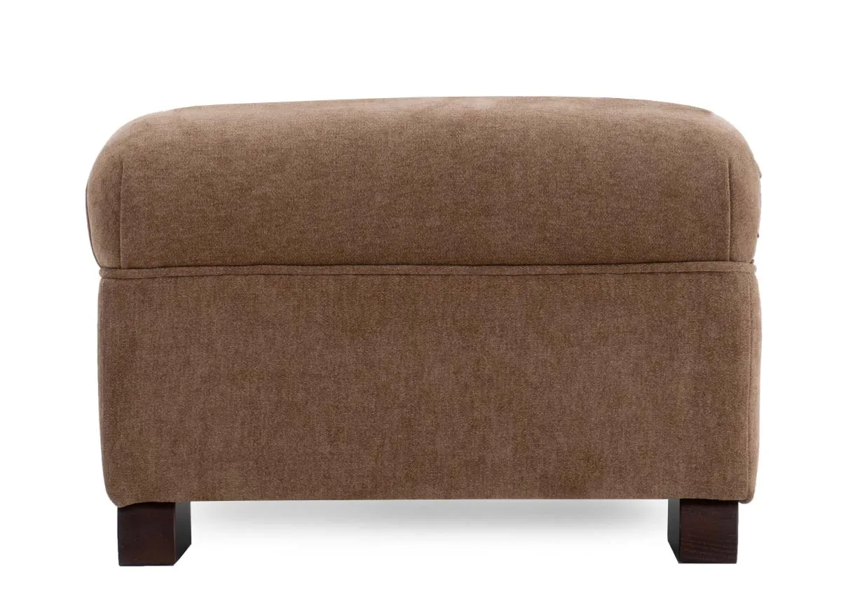 A gold fabric rectangular footstool from EZ Livings Kilronan range. Side view of cushion suited for seating