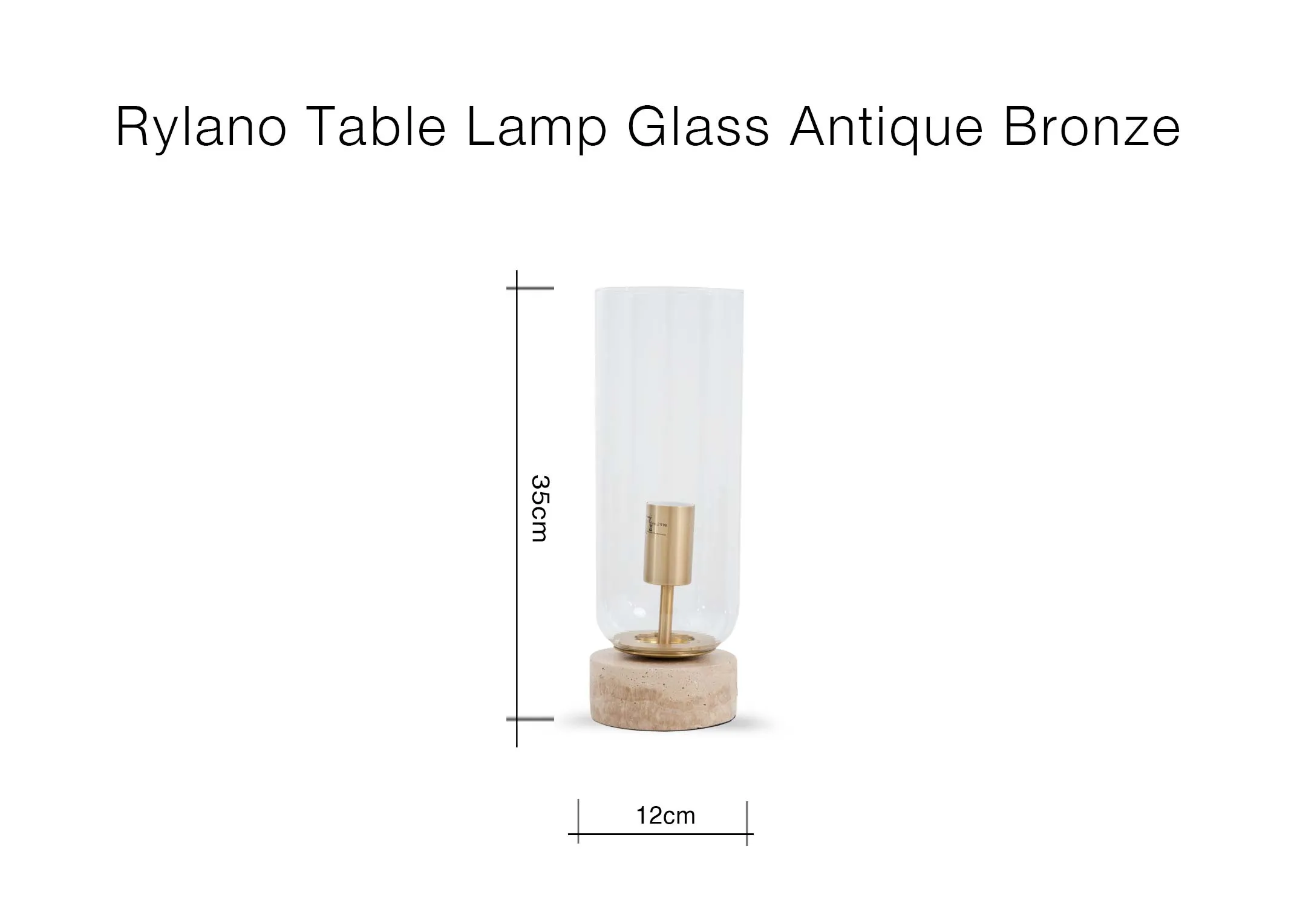 A dimension image of the Rylano table lamp with 12cm x 35cm