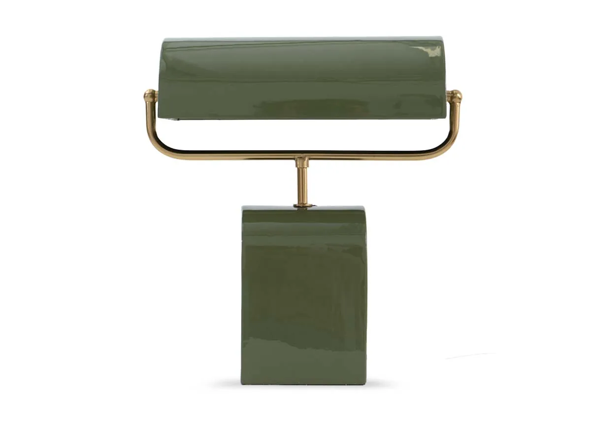 A  green table lamp with curved shell shade from EZ Livinngs Cardona range. Front view