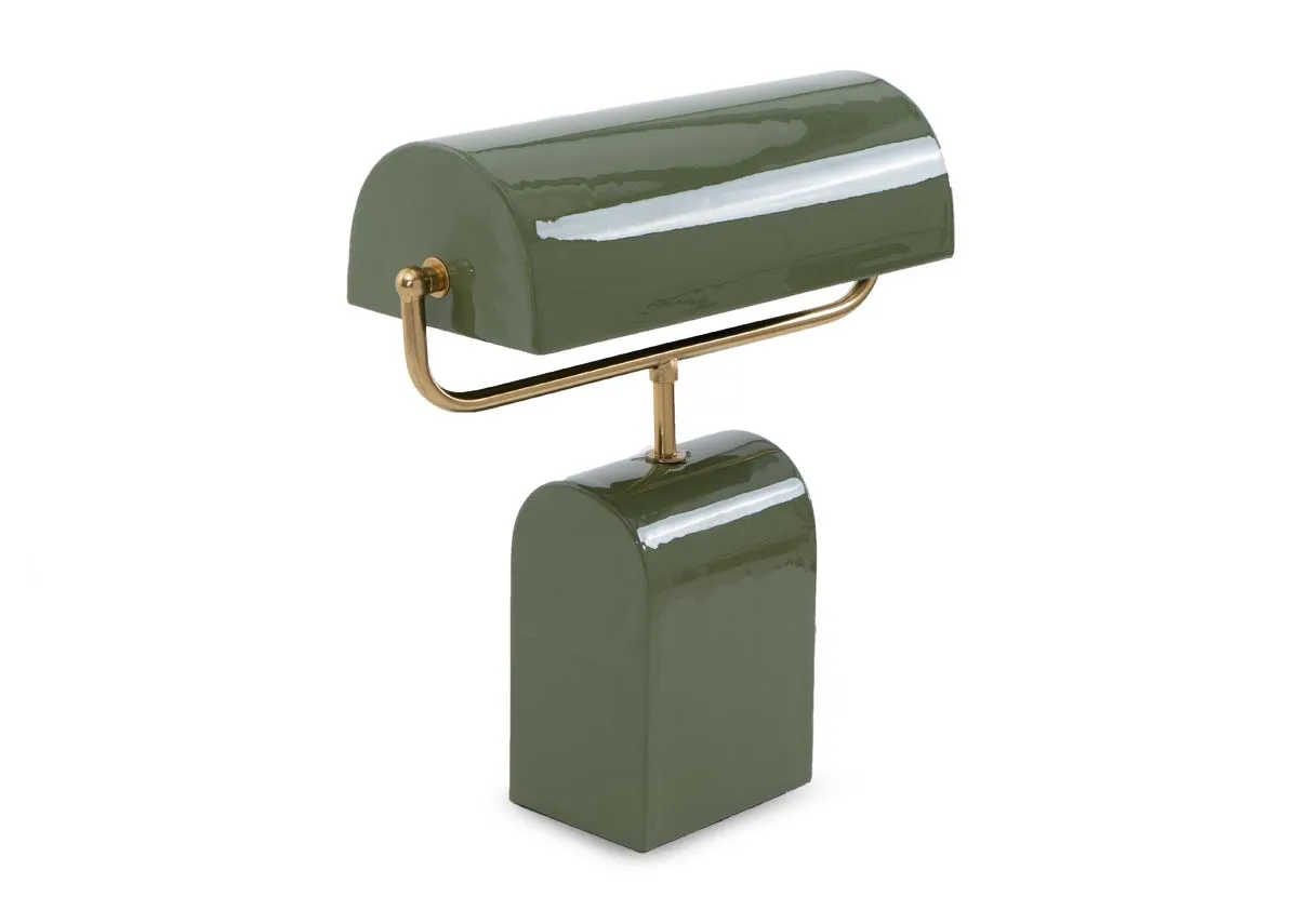 A green table lamp with curved shell shade from EZ Livinngs Cardona range. Angled view.