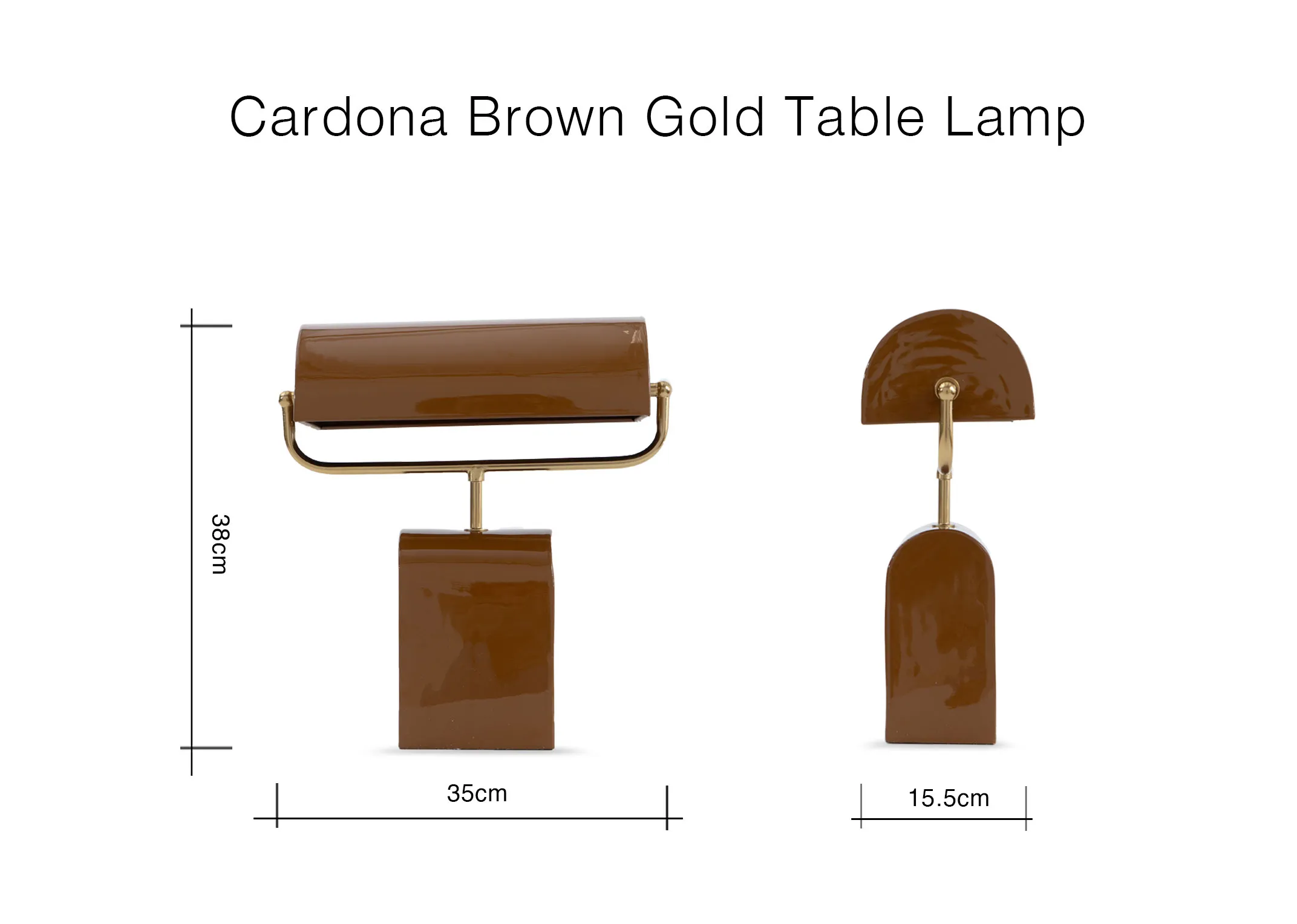 A dimension image of the Cardona Table lamp with 35cm x 38cm x 15.5cm