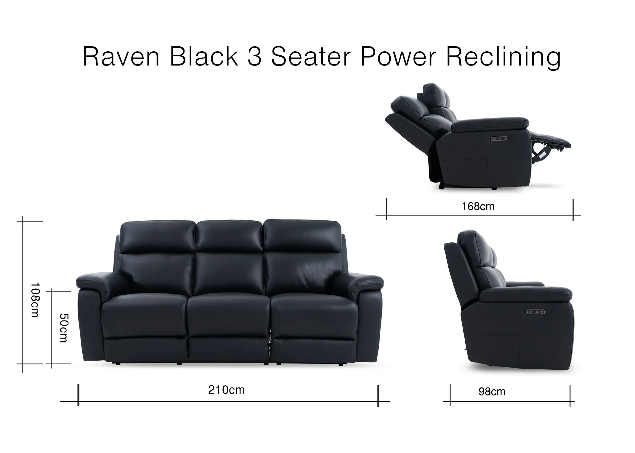 A dimension image of the Raven 3 seater Power Recliner with 210cm x 108cm x 98-168cm