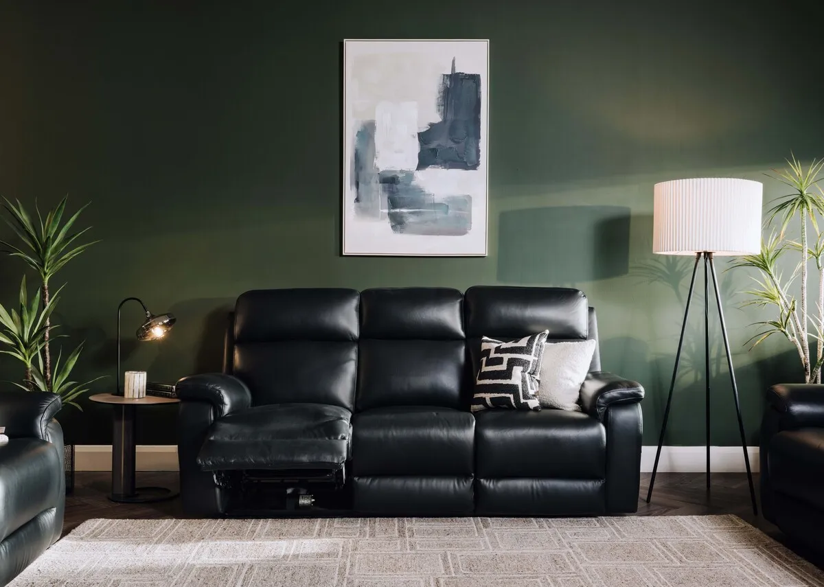 3 Seater Black Leather Power Reclining Sofa - Raven
