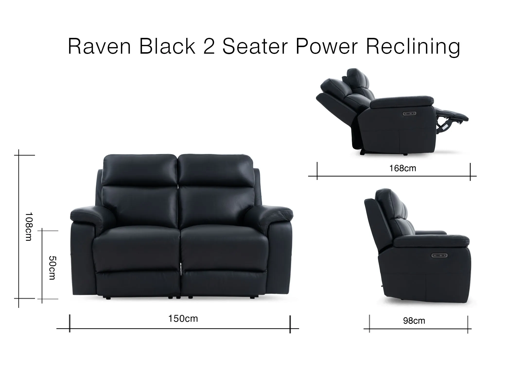 A dimension image of the Raven 2 Seater Power Recliner with 150cm x 108cm x 98-168cm