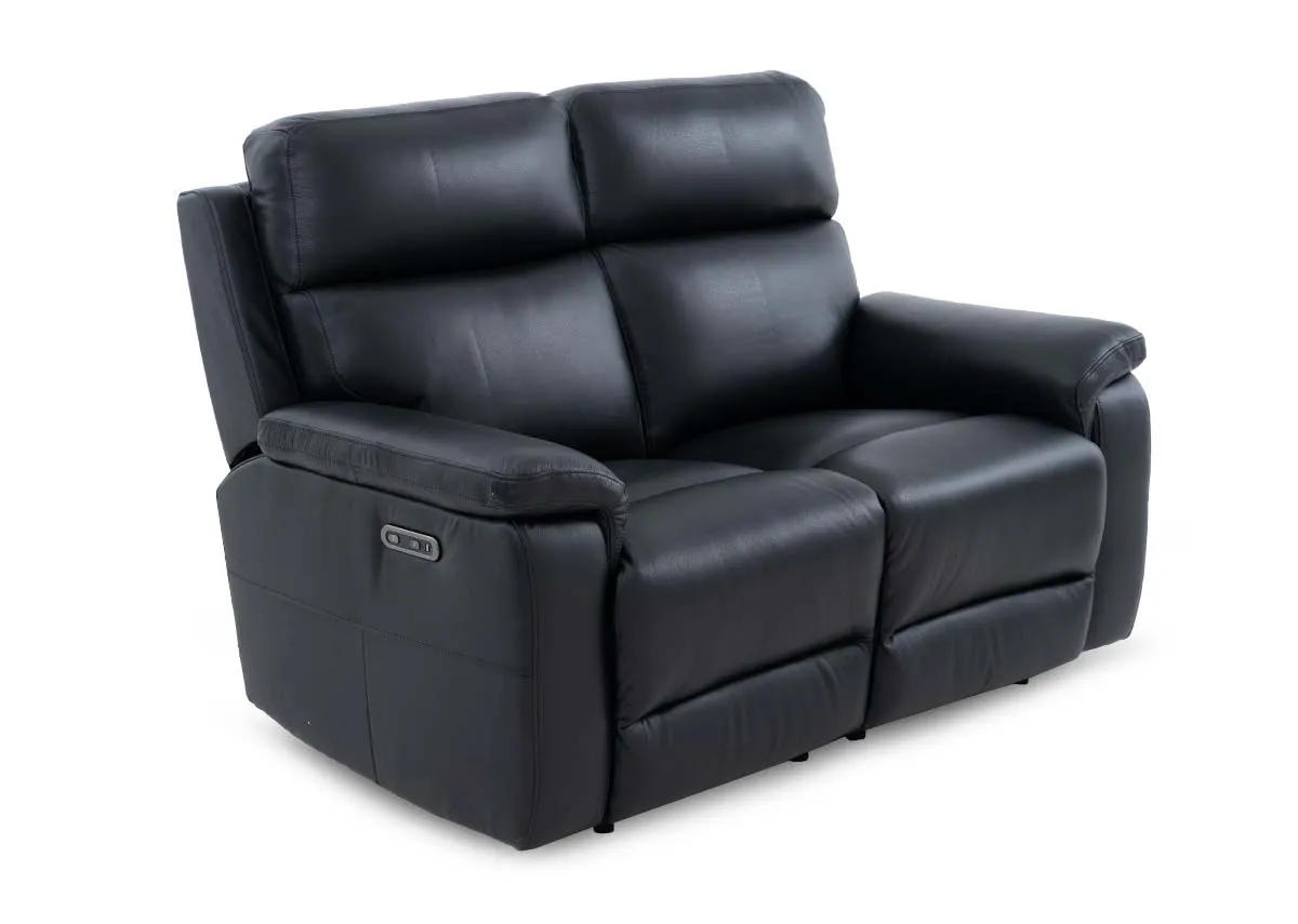 2 Seater Black Leather Power Reclining Sofa - Raven