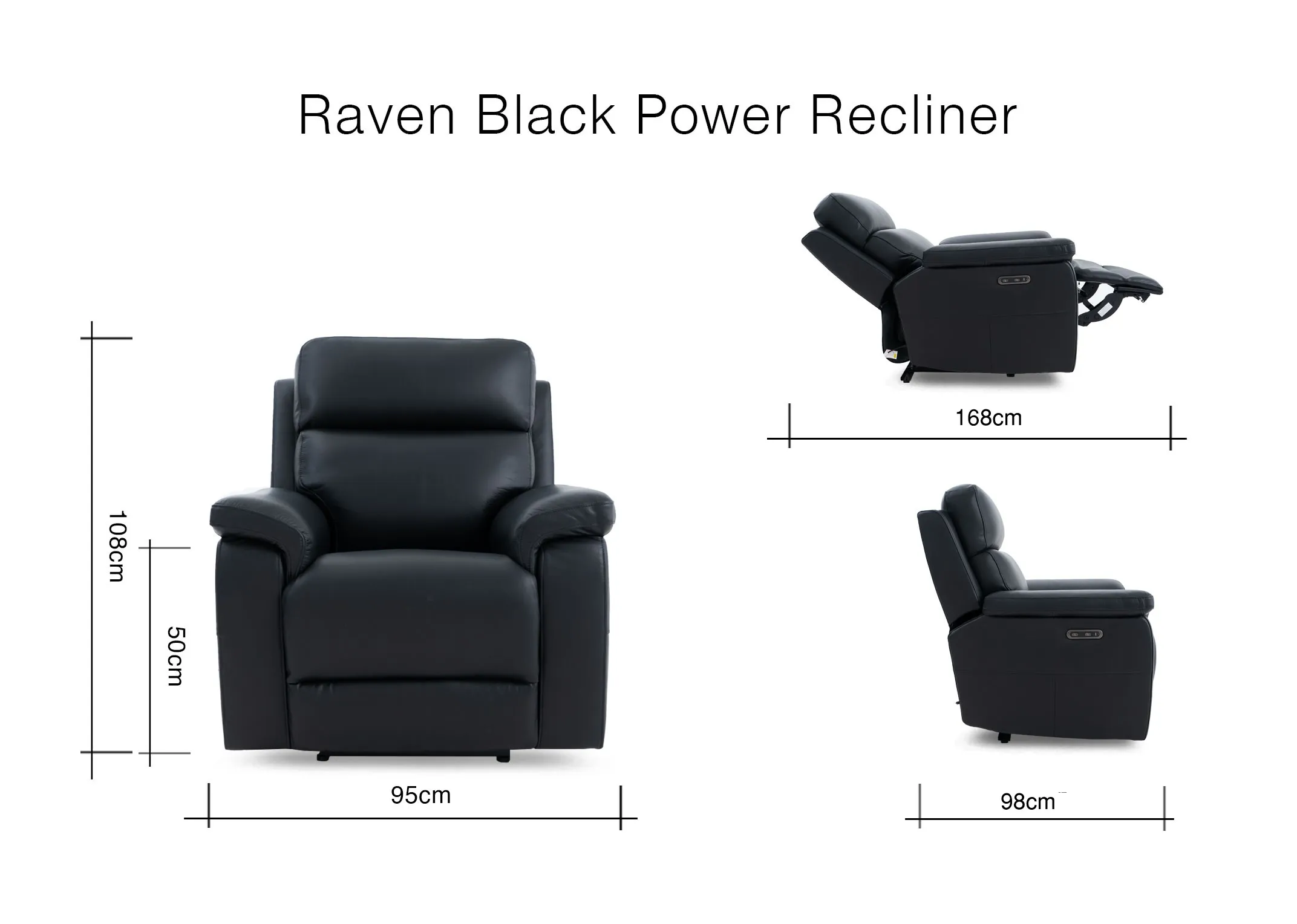 A dimension image of the Raven Power Recliner with 95cm x 108cm x 98-168cm