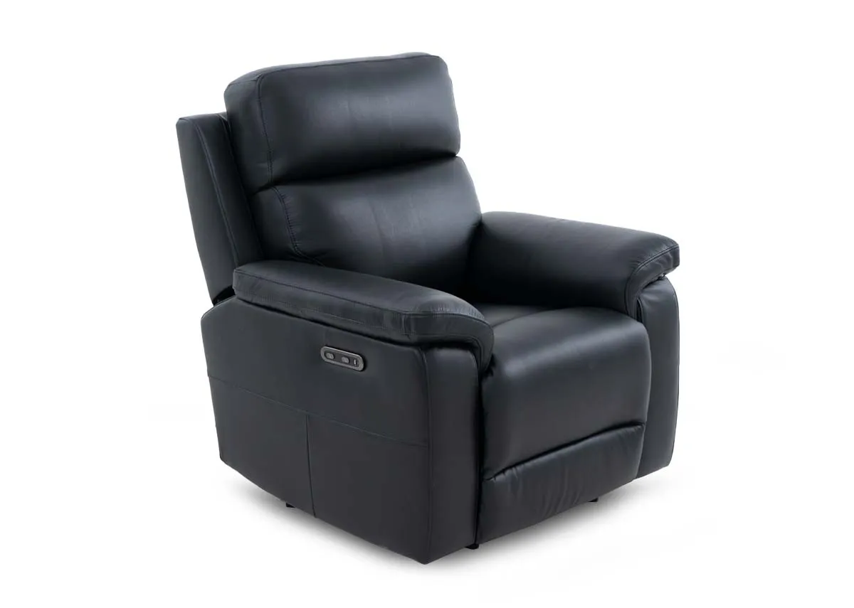 A leather power recliner in a  fixed position from EZ Livings Raven range. Angled view of soft black leather upholstery.