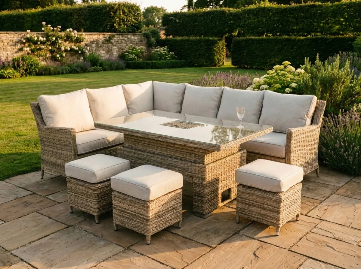 Corner Garden Set with Glass Rising Table & 3 Ottomans - Monterey