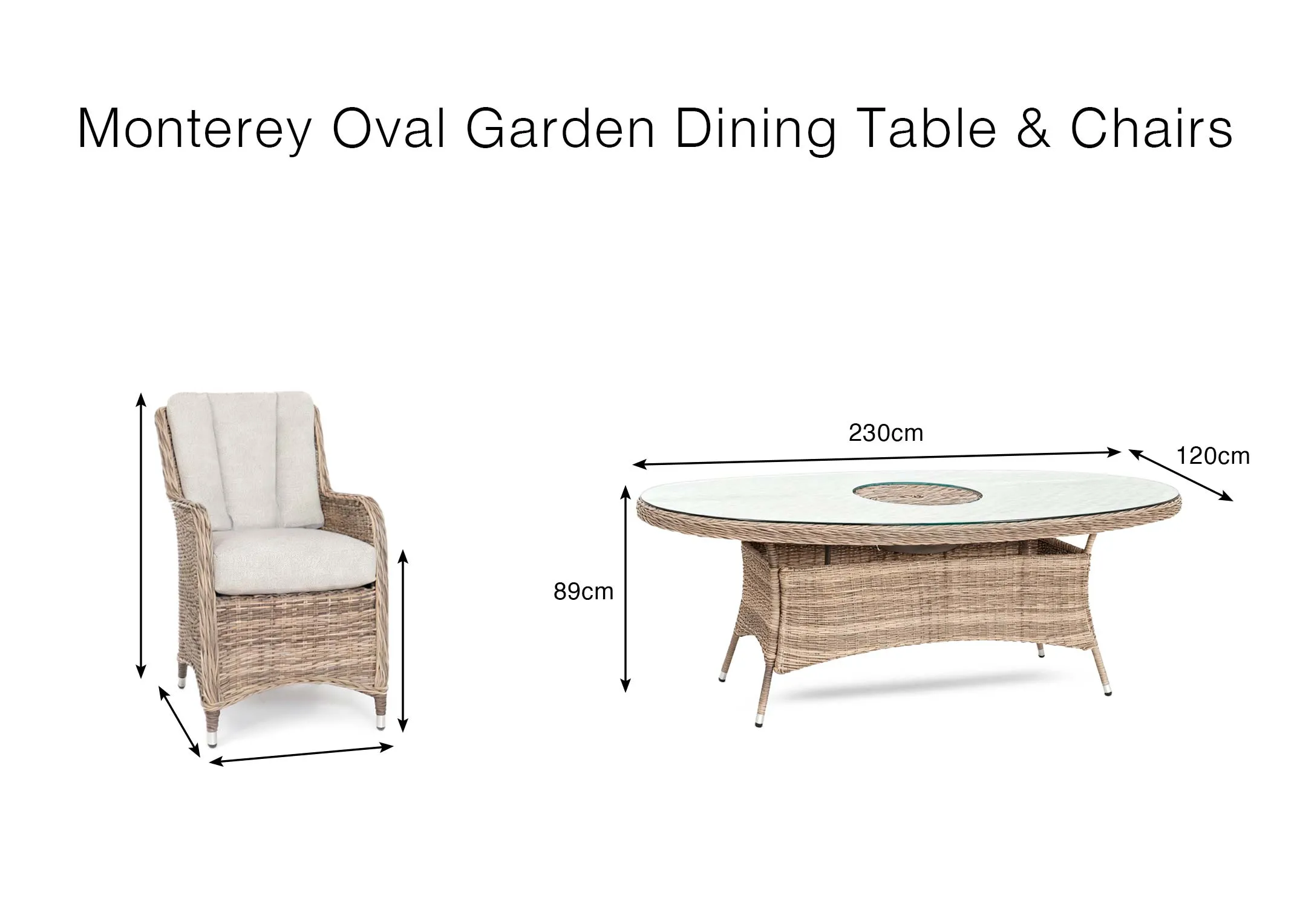 A dimension image of the Monterey Oval Garden set with 230cm x 120cm x 89cm