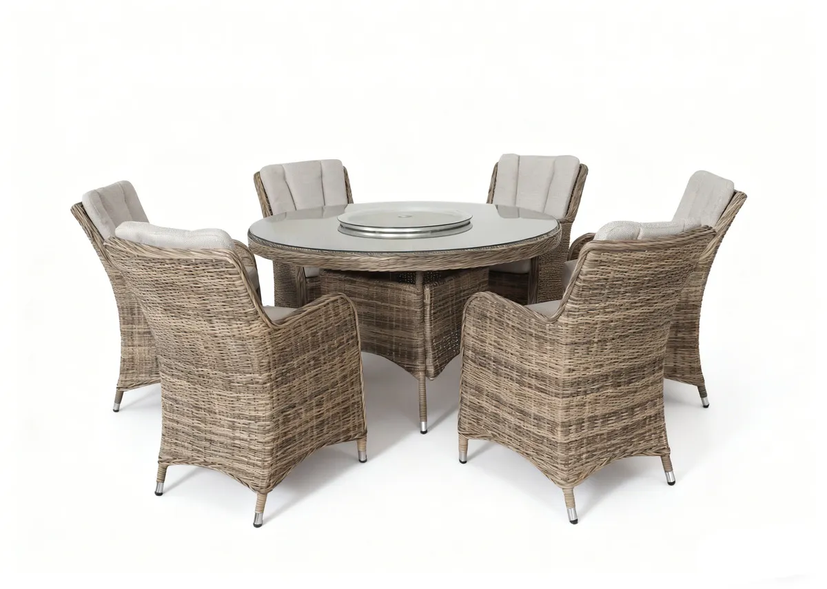 Round Table & 6 Chairs Garden Dining Set with Ice Bucket & Lazy Susan - Monterey