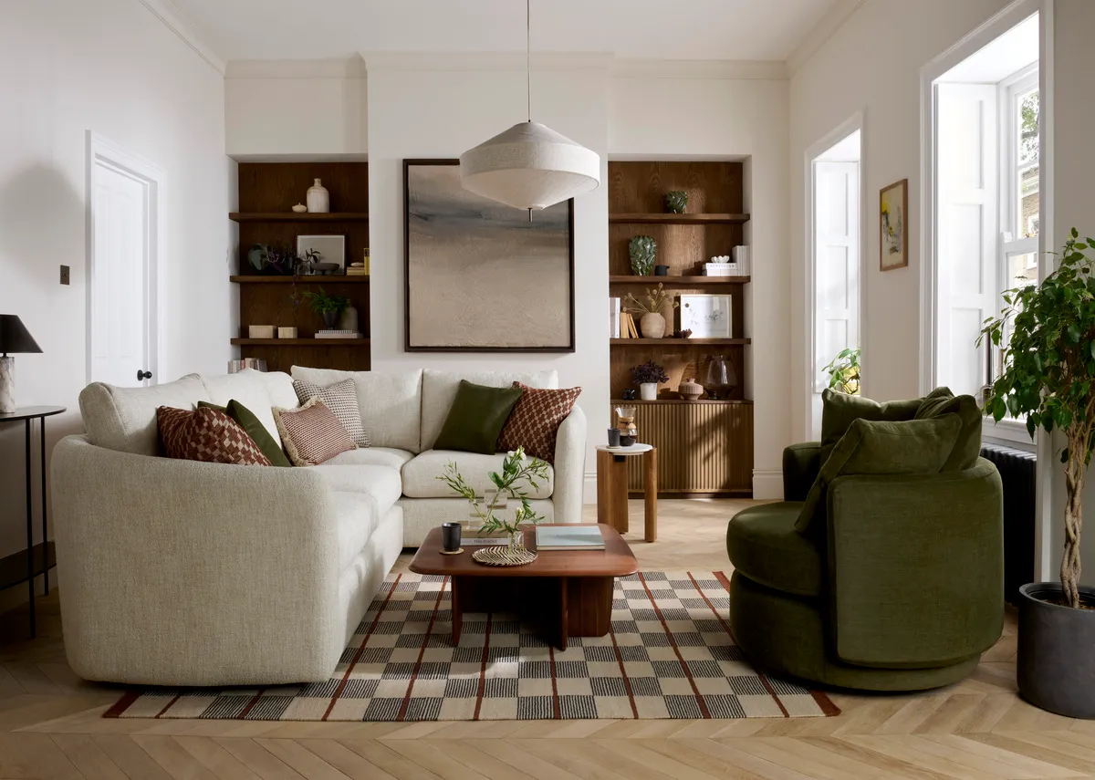 A dimension image of the Carnaby corner sofa with 200cm x 208cm x 46cm x 90cm