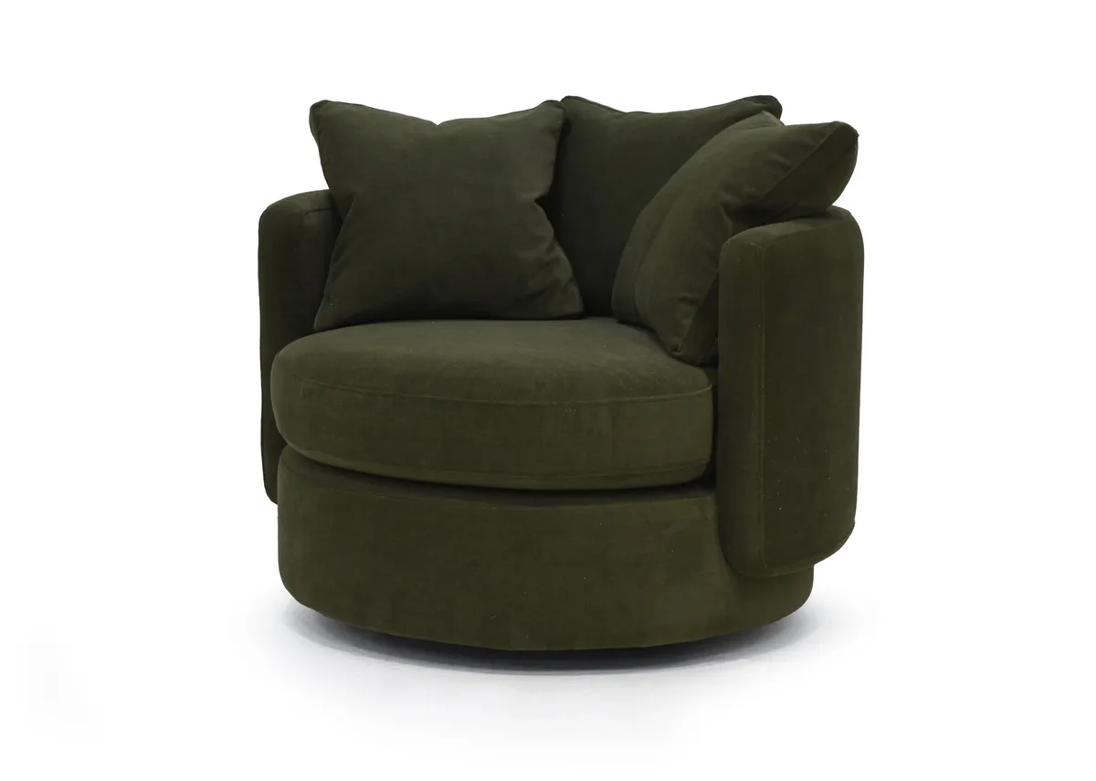An olive green fabric swivel chair from EZ Livings Piccadilly range. Angled view