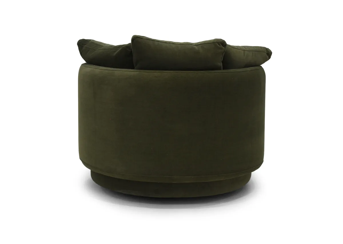 An olive green fabric swivel chair from EZ Livings Piccadilly range. Back view of arched